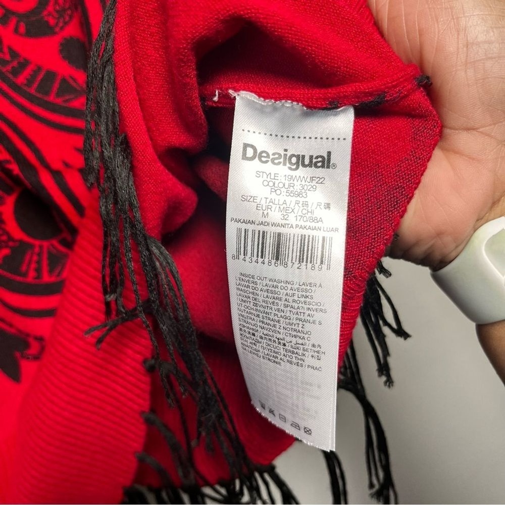 Desigual Women Sweater Medium Red Black Marylebone Fringed Cowl Neck Art Paisley - Picture 10 of 13